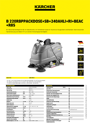 Ein Walzenbürstenkopf mit 85 cm Arbeitsbreite, ein Seitenbesen sowie ein Aluminium-Saugbalken sind Standard. Beeindruckende Flächenleistung von 8500 m²/h und 10 km/h Arbeitsgeschwindigkeit.